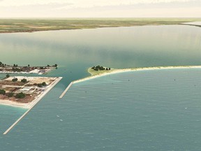 Zuzek Inc. created this three-dimensional conceptual design of a solution to fix issues in the Rondeau Bay area caused by erosion and sediment movements. This plan would reconnect the east jetty to the barrier beach and fix the breach in the barrier beach. The image shows what the area would look like during a 100-year storm with the solution in place. The plan has not been finalized. (Handout/Postmedia Network)