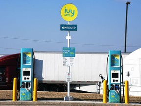 Electric vehicle chargers from the Ivy Charging Network at the Tilbury (westbound) ONroute are shown March 9, 2022. These chargers, which are also being rolled out at ONroute locations across the province throughout the year, are expected to be online by Friday.
