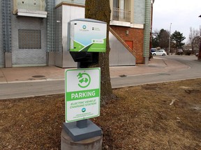 This electric vehicle charging station, located at the Chatham Downtown Centre parking, will likely see a lot more use in the coming years as interest in owning an electric vehicle grows. Another factor is a federal mandate calling for all new cars and light-duty vehicles sold to have zero emissions by 2035. (Ellwood Shreve/Chatham Daily News)
