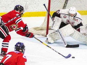 Chatham Maroons goalie Luka Dobrich faces a shot from the Sarnia Legionnaires at Pat Stapleton Arena in Sarnia, Ont., on Thursday, March 17, 2022. (Shawna Lavoie Photography)