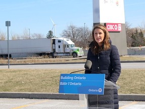 Minister of Transportation Caroline Mulroney announced Tuesday that the speed limit is rising to 110 km/h on a 40-kilometre section of Highway 401 between Tilbury and Windsor beginning April 22. The speed limit is also increasing from 100 km/h on five other sections a major highways in Ontario. PHOTO Ellwood Shreve/Postmedia