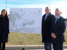 Minister of Transportation Caroline Mulroney, left was joined by Windsor Mayor Drew Dilkens, middle, and Chatham-Kent councilor Aaron Hall on Tuesday as she announced the speed limit is rising to 110 km/h on a 40-kilometre section of Highway 401 between Tilbury and Windsor beginning April 22. The speed limit is also increasing from 100 km/h on five other sections a major highways in Ontario.  PHOTO Ellwood Shreve/Chatham Daily News
