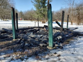 A picnic shelter burned to the ground in Gray's Creek Conservation Area during the early morning hours of Sunday, March 6. Handout/Cornwall Standard-Freeholder/Postmedia Network