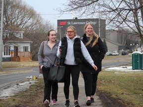 Bachelor of science in nursing (BScN) program third-year students (from left) Angel Beaudry, Emily Lewis and Isabelle Brunet, leaving the campus on Friday afternoon after classes at SLC. Photo on March 18, 2022, in Cornwall Ontario.Todd Hambleton/Standard-Freeholder/Postmedia Network