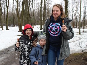Taffy and trail time at Sand Road Maple Farm, for mom Natacha Gravelle and sons Noah Knox (left) and Oliver Knox. Photo on Sunday, March 20, 2022, in Moose Creek, Ontario.Todd Hambleton/Standard-Freeholder/Postmedia Network