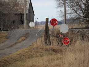 A railway crossing on private property just west of Finch. Photo on Friday, March 25, 2022, in Finch, Ontario.Todd Hambleton/Standard-Freeholder/Postmedia Network