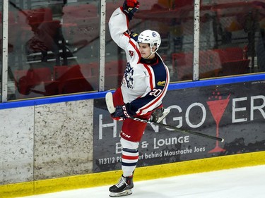 Cornwall Colts Aaron Shaw celebrates one of the two goals he scored against the Carleton Place Canadians on Thursday March 24, 2022 in Cornwall, Ont. The Colts won 4-2. Robert Lefebvre/Special to the Cornwall Standard-Freeholder/Postmedia Network