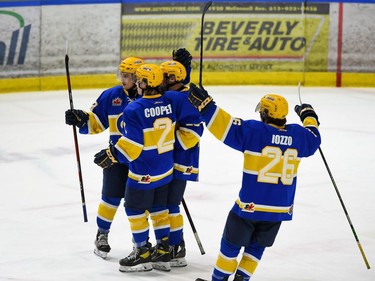 Carleton Place Canadians players celebrate a goal against the Cornwall Colts on Thursday March 24, 2022 in Cornwall, Ont. The Colts won 4-2. Robert Lefebvre/Special to the Cornwall Standard-Freeholder/Postmedia Network
