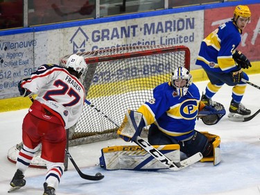 Cornwall Colts Bradley Fraser finds the gap to score his team's second goal against Carleton Place Canadians goaltender Brady McEwan on Thursday March 24, 2022 in Cornwall, Ont. The Colts won 4-2. Robert Lefebvre/Special to the Cornwall Standard-Freeholder/Postmedia Network