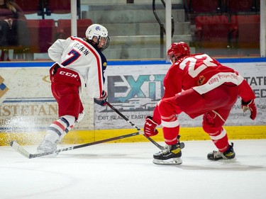 Pembroke Lumber Kings Jack Stockfish coming in fast on Cornwall Colts Nolan Gagnon during play on Thursday March 17, 2022 in Cornwall, Ont. The Colts lost 2-1. Robert Lefebvre/Special to the Cornwall Standard-Freeholder/Postmedia Network