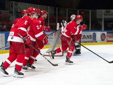 Pembroke Lumber Kings players celebrate a goal against the Cornwall Colts on Thursday March 17, 2022 in Cornwall, Ont. The Colts lost 2-1. Robert Lefebvre/Special to the Cornwall Standard-Freeholder/Postmedia Network