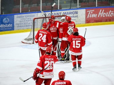 Pembroke Lumber Kings players celebrate their 2-1 win against the Cornwall Colts on Thursday March 17, 2022 in Cornwall, Ont. Robert Lefebvre/Special to the Cornwall Standard-Freeholder/Postmedia Network