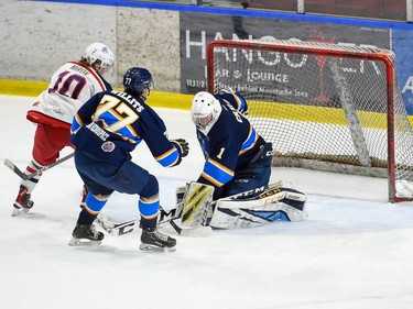 Cornwall Colts Tristan Miron (No. 10) takes a shot against Renfrew Wolves goaltender Will Craig during play on Thursday March 3, 2022 in Cornwall, Ont. Cornwall won 3-2. Robert Lefebvre/Special to the Cornwall Standard-Freeholder/Postmedia Network