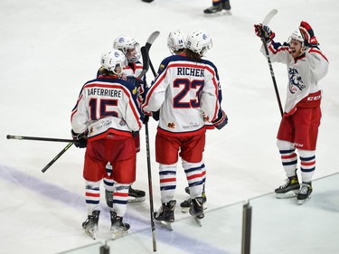 Cornwall Colts players celebrating a goal against the Renfrew Wolves on Thursday March 3, 2022 in Cornwall, Ont. Cornwall won 3-2. Robert Lefebvre/Special to the Cornwall Standard-Freeholder/Postmedia Network