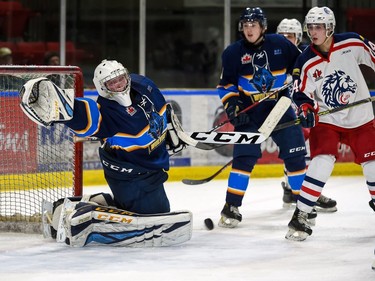 Renfrew Wolves goaltender Will Craig reached for a puck that is in front of his pads during play against the Cornwall Colts on Thursday March 3, 2022 in Cornwall, Ont. Cornwall won 3-2. Robert Lefebvre/Special to the Cornwall Standard-Freeholder/Postmedia Network