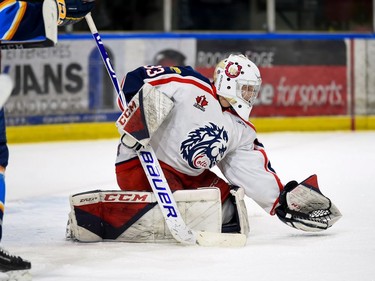Cornwall Colts goaltender Dax Easter gloves the puck during play against the Renfrew Wolves on Thursday March 3, 2022 in Cornwall, Ont. Cornwall won 3-2. Robert Lefebvre/Special to the Cornwall Standard-Freeholder/Postmedia Network