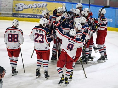 Cornwall Colts players celebrate their 3-2 win over the Renfrew Wolves on Thursday March 3, 2022 in Cornwall, Ont. Robert Lefebvre/Special to the Cornwall Standard-Freeholder/Postmedia Network