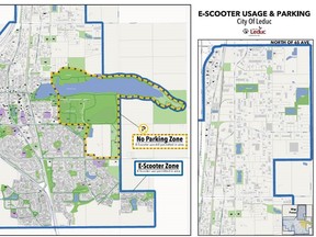 The City of Leduc's map for the usage and parking boundaries of E-Scooters, now that the bylaw has been passed. (City of Leduc)