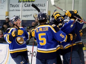 The Fort McMurray Oil Barons celebrate a goal against the Sherwood Park Crusaders during their game at Centerfire Place on Friday, March 4, 2022. Laura Beamish/Fort McMurray Today/Postmedia Network