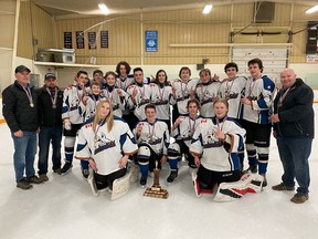 BCH Ice Dogs after winning the WOAA Championship on March 25. (Back row, L-R): Dave Rathwell, Ian Gould, Dylan Meriam, Duncan Kent, Weston Dicerce. (Middle row, L-R):Tristan Rutledge, Will Bruinsma, Caiden Turner, Jacob Duckworth, Ryan Gibson, Elijah Durand, Camden Leddy, Weston Rathwell, Mark Stoll. (Front row, L-R): Kyla Fisher, Mason Truemner, Graysen Flynn, Owen Stoll. Submitted