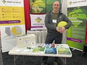 Harvest Sky Region Economic Development Corporation Economic Development Manager Mark Nikota set up shop at the Edmonton Boat and Sportsman show to help people from other parts of the province learn more about what Hanna has to offer. Jackie Irwin/Postmedia