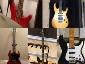 The five guitars and base guitars reported stolen from Rideau Heights Public School in Kingston overnight on Feb. 24-25.