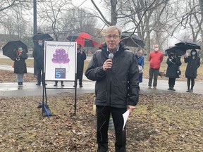 Kingston Health Sciences Centre President and CEO, Dr. David Pichora, speaking in City Park on Thursday, March 31 to celebrate five years since Kingston General Hospital and Hotel Dieu Hospital integrated to form KHSC. Brigid Goulem/The Whig-Standard