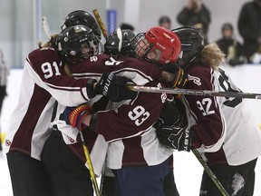 The Frontenacs Falcons celebrate Makenzi Jones' second goal of the game, which proved to be the game winner in a 3-1 win over the La Salle Black Knights in the Kingston Area Secondary Schools Athletic Association girls hockey final at the Invista Centre on Wednesday.