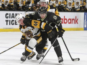 Kingston Frontenacs centre Shane Wright tries to get past Hamilton Bulldogs defenceman Nathan Staios while Logan Morrison backchecks in Ontario Hockey League action at the Leon's Centre on Friday night.