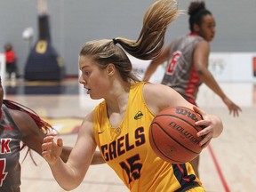 Queen's Gaels' Sophie de Goede plays during a 74-65 win over the York Lions in the first round of the Ontario University Athletics playoffs in Kingston on March 16.