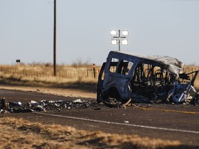 The damaged van sits on the side of the road at the scene of a fatal crash on Tuesday night just north of State Highway 115 on Farm-to-Market Road 1788 in Andrews County, Texas. A pickup truck crossed the centre line of a two-lane road about 50 kilometres east of the New Mexico state line on Tuesday evening and crashed into a van carrying members of the University of the Southwest men's and women's golf teams, said Sgt. Steven Blanco of the Texas Department of Public Safety.