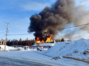 A long-time Kirkland Lake business, Breault's Castle Building Center, was destroyed by fire Wednesday morning. Photo courtesy of Northern Ontario Information Station