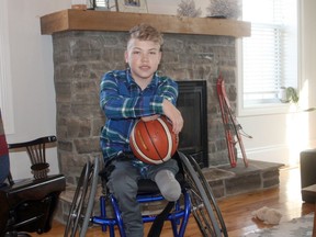 Above is 15-year-old Cole Heessels in his Exeter-area home. The Grade 10 South Huron District High School student will represent the Ontario Junior Provincial Wheelchair Basketball Team at the Junior National Championship in Prince Edward Island in June.
