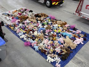 A variety of stuffed animals, left as a memorial to Taleya Paris on Wellington and St. David Street bridges in Mitchell, were taken down March 22 and dried out on the floor of the West Perth fire station.