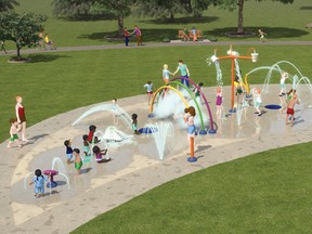 Rendering of the proposed Espanola splash pad, which will be located at Sherwood Park on Barber Street. The pad will have a toddler area on one end, a family area in the middle and a pre-teen/teen area at the other end.