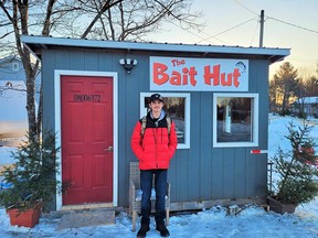 Young entrepreneur Landon Trudeau outside his new business The Bait Hut in Sagamok.