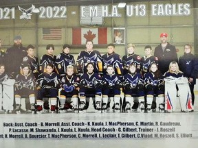 The Espanola Minor Hockey Association U13 Espanola Eagles team is in second place out of 21 teams as of Friday, March 25, after a playoff game in Sudbury against the Copper Cliff Laari Construction U13 team. The Eagles made division one and still have more games to play in the round robin playoffs. (Photo supplied)