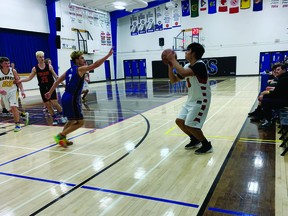 On March 23, the Chinook Basketball League held its all-star game in Vulcan. Players from St. Michael's and Matthew Halton High School attended the game, including St. Michael's player, jersey number 9, Hayden Many Grey Horses. PHOTO BY STEPHEN TIPPER