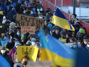 A large number of people gathered at the Manitoba Legislative Building in Winnipeg to protest against the Russian invasion of Ukraine on Saturday, Feb. 26, 2022. (file photo)