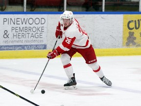 Carter Vollett scored the lone goal for the Pembroke Lumber Kings as they lost 2-1 to Kemptville Wednesday night at the PMC.