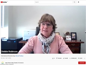 Renfrew County Warden Debbie Robinson was the keynote speaker for the Upper Ottawa Valley Chamber of Commerce International Women's Day virtual event on March 8.