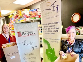 The Petawawa Pantry Food Bank and Mental Health Services of Renfrew County (MHSRC) have partnered to provide food and personal-care items to community members who may be experiencing a crisis. The program has been spearheaded by crisis worker Miranda Giroux (right) and Laurie Alton, president of the Petawawa Pantry and program lead with MHSRC. Missing from the photo were Mohammad Elfitori, Goldie Tunney and Kelsey Michaud.