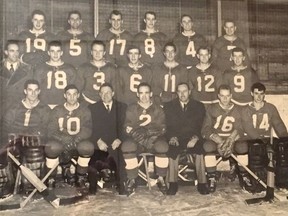 A team photo of the 1951-52 Senior Pembroke Lumber Kings including well-known local hockey great Roy Giesebrecht. Photo courtesy Champlain Trail Museum and Pioneer Village