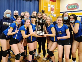 The Bishop Smith Crusaders won the UOVHSAA senior girl's volleyball championship at home recently. Team members were (front from left) Victoria Davidson, Olivia Collier, Brooklyn Mulvihill, Claire Edmonds, Mackenzie Summers, coach April Laabs and Hannah Omeir and (back from left) coach Leanne Egan, Maggie Tipenko, Karissa Levasseur, Reese Edwards, Sydney Vincent, Drew Martin and Klaudia Cripps.