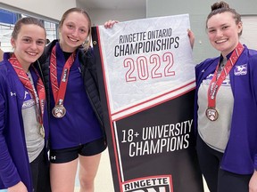Mitchell and area players Rachel Van Bakel (left), Ainsleigh Wedow and Maddie Hill and their Western teammates captured the gold medal championship at the Ontario Ringette 18+ University division March 3-6 in Waterloo. The Mustangs edged Guelph 5-4 in the final.