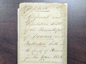 The 1836 tax assessment roll for Downie and Fullarton townships is believed to be the oldest municipal record in the collection of the Stratford-Perth Archives.(STRATFORD-PERTH ARCHIVES)