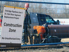 A file photo shows work in 2020 to replace the Enbridge Line 5 pipeline crossing under the St. Clair River near Sarnia.