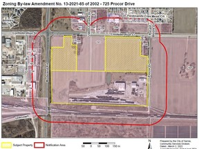Any property affected by the red line, within 120 yards of 725 Procor Dr., was on the list to receive a notice of application for rezoning from Procor, Planning Director Eric Hyatt said.  (via City of Sarnia)