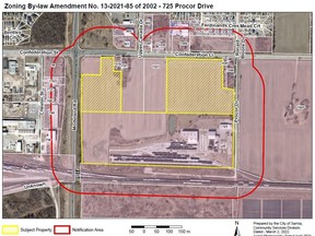 Any property affected by the red line, within 120 yards of 725 Procor Dr., was on the list to receive a notice of application for rezoning from Procor, Planning Director Eric Hyatt said. (via City of Sarnia)