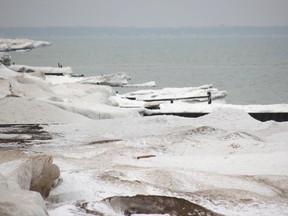 Groynes, some broken, are pictured in the lake ice north of Passingham Drive.  (Tyler Kula/The Observer)